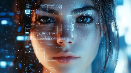 Young woman gazes thoughtfully at a futuristic cityscape illuminated by neon lights during twilight. Generative AI