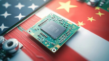 A computer chip sits atop an American flag, conveying patriotism and innovation