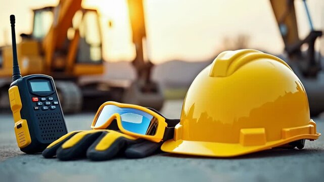 Construction safety equipment placed on a concrete surface - a bright yellow hard hat, reflective safety goggles and a pair of black and yellow work gloves