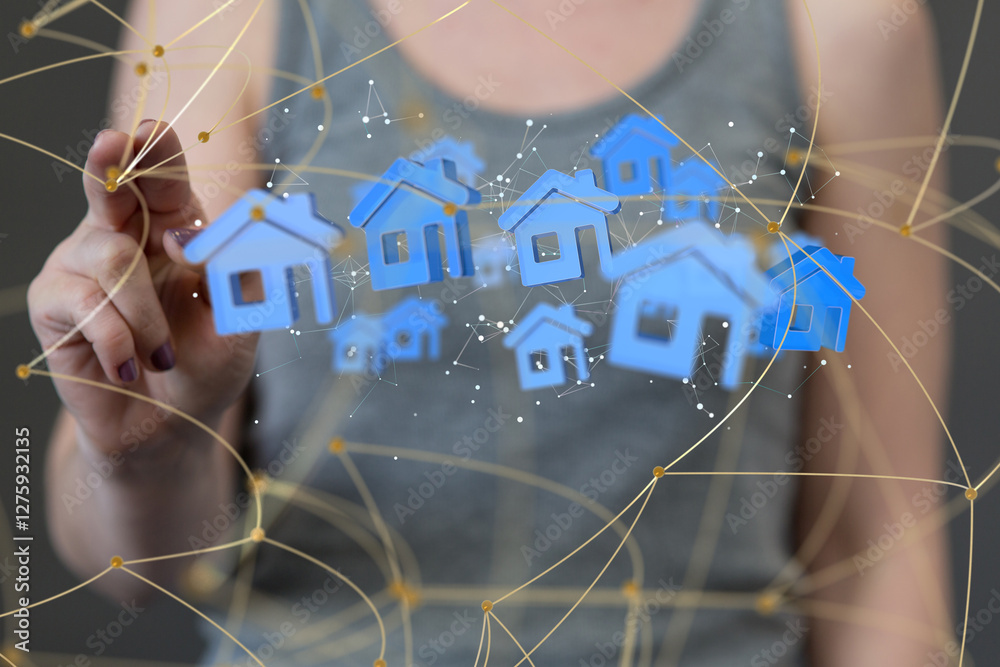 Aufkleber home data. Digital cyberspace with particles and Digital data network connections concept.