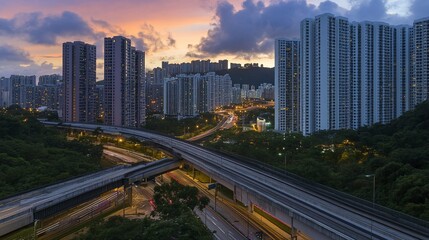 Cityscape at sunset, highway intersection, high-rise buildings.