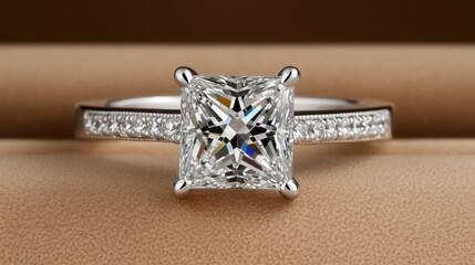 A classic platinum engagement ring with a princess-cut diamond displayed on a satin cushion