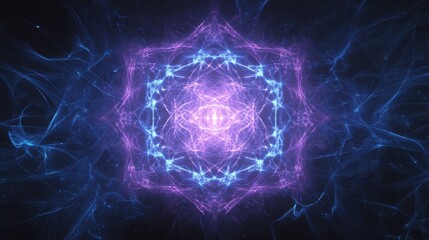 Obraz premium Colorful fractal pattern with glowing shapes and intricate lines illuminated by vibrant pink and blue hues in a dark background