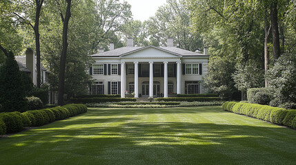 Grand House with Columns: A stately home with a large lawn and symmetrical design, exuding elegance and timeless architecture in a lush, green setting.