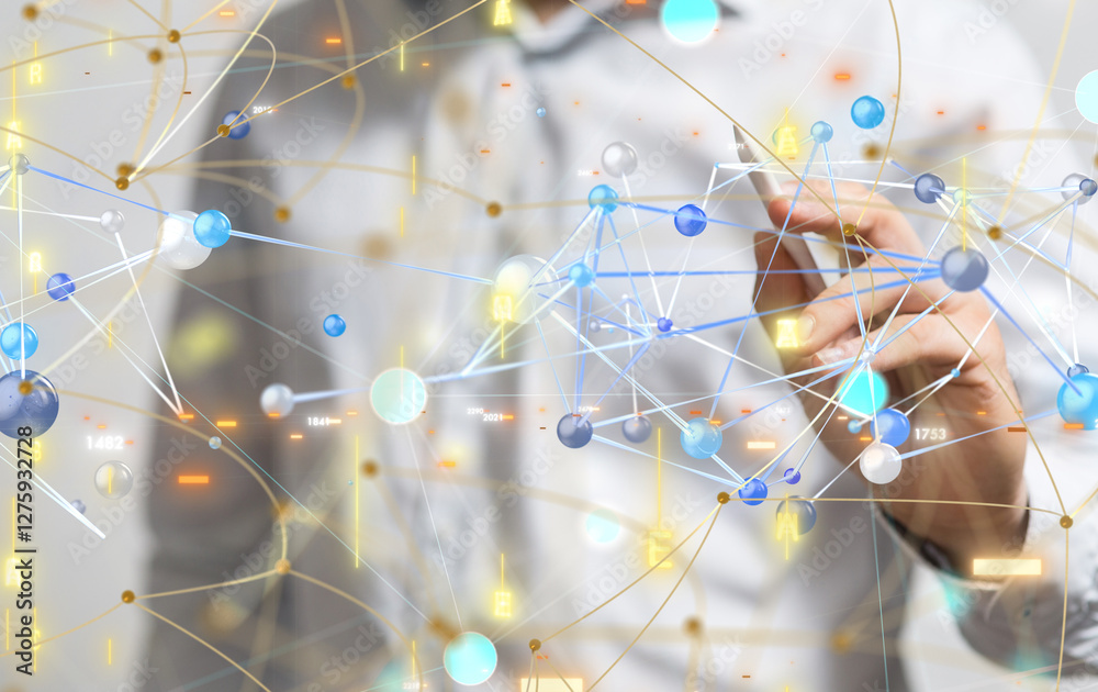 Poster Global network. Blockchain. 3D illustration. Neural networks and artificial intelligence. Abstract