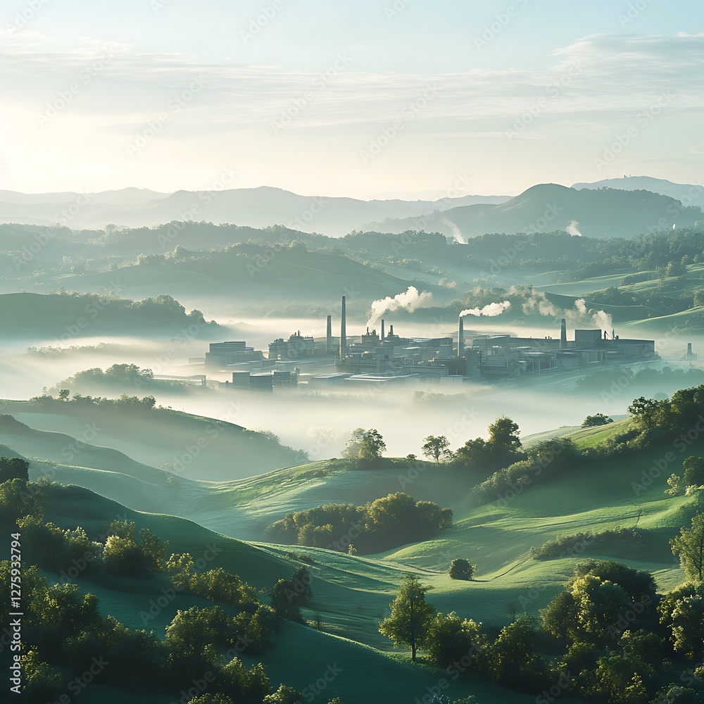 Aufkleber Distant view of a factory complex with surrounding landscape, captured in a high-resolution image.