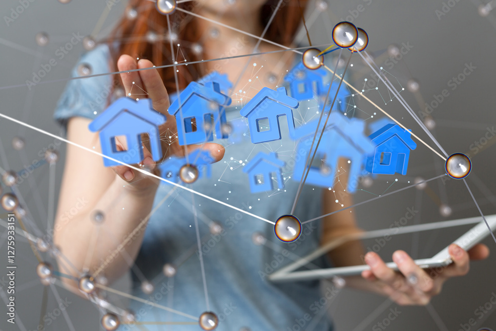 Aufkleber home data. Digital cyberspace with particles and Digital data network connections concept.