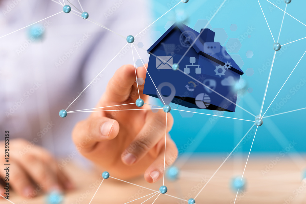 Poster home iot - neural network 3d illustration. big data and cybersecurity