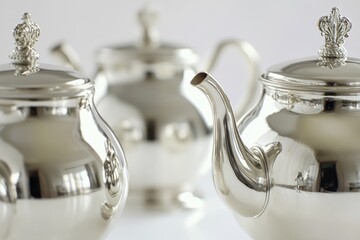 A collection of ornate silver teapots placed on a table, ideal for use in home decor or antique setting scenes
