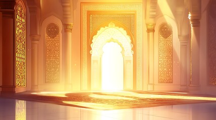 Golden mosque interior, sunlight, prayer hall, digital art, background