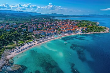 Fototapeta premium Beachside town viewed from the air, with buildings and ocean in sight
