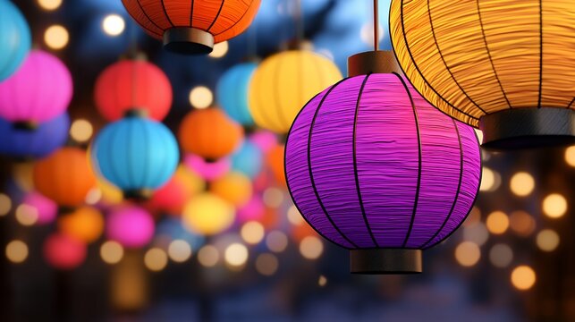 A captivating display of vibrant lanterns creates a magical and festive atmosphere, glowing brightly against the night sky. The warm, colorful lights