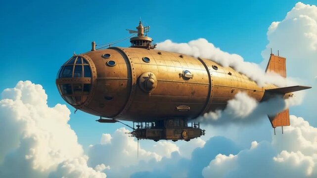 A magnificently designed intricate steampunk airship in the sky, surrounded by white clouds and steam