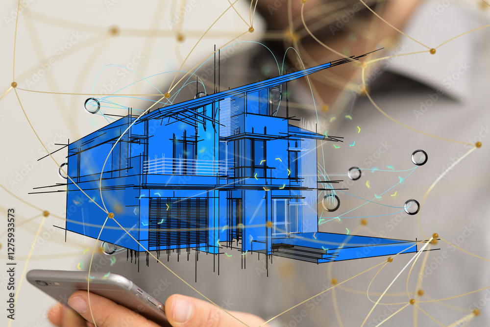 Poster home iot - neural network 3d illustration. big data and cybersecurity