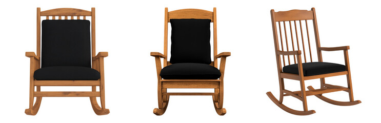 Elegant wooden rocking chairs with black cushions Isolated on transparent background