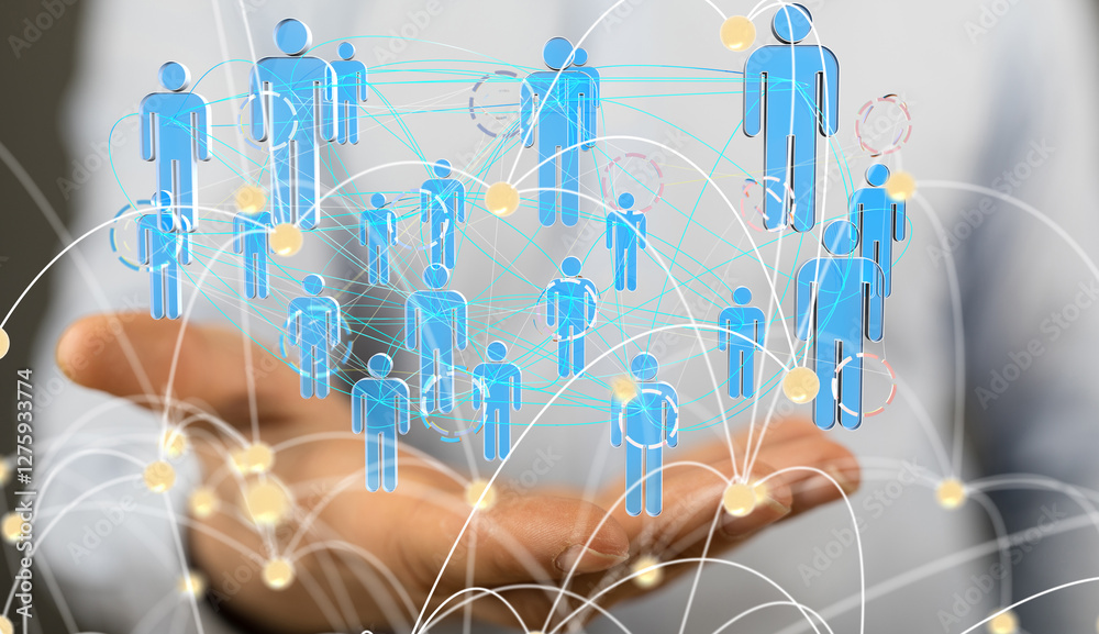 Poster Global network. Blockchain. 3D illustration. Neural networks and artificial intelligence. Abstract