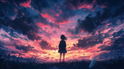 Obraz premium Silhouette Girl at Sunset, Stunning Colorful Sky