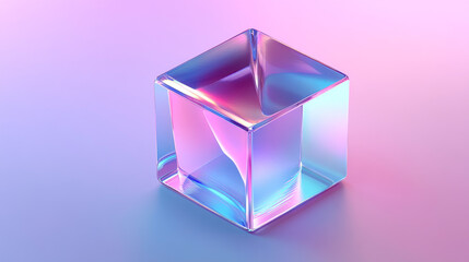 3d holographic cube shape abstract vector graphic isolated on transparent background. Gradient geometric square figure render icon design in pink and blue hologram effect. Creative futuristic polygon