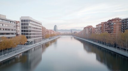 Obraz premium Calm canal city skyline sunrise; urban waterfront