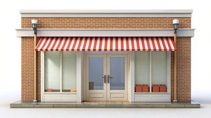 Obraz premium Retail storefront, brick building, awning, shop exterior, white background