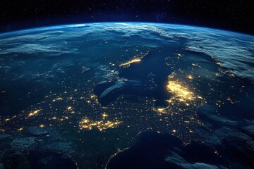 Obraz premium Stunning night view of Europe from space, showing city lights and cloud formations. Ideal for illustrating global connectivity, technology, or environmental themes.