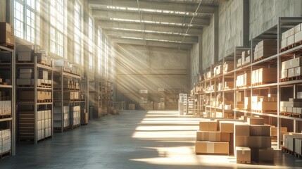 A spacious warehouse filled with organized shelves and boxes, illuminated by sunlight streaming through large windows.