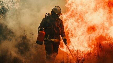 Obraz premium Firefighter battling wildfire, smoke, flames, courageous, dangerous.