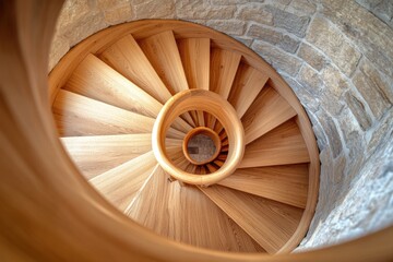 A spiral staircase with a wooden handrail