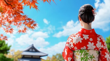 Woman in Traditional Kimono Admires Serene Autumn Landscape in Japan, Red Maple Leaves and Ancient Temple in Background