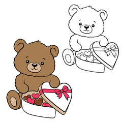 Teddy bear with a box of sweets. Black and white and color illustration