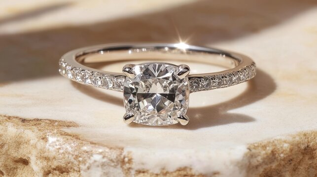 A delicate engagement ring featuring a cushion-cut gemstone set on a white gold band - Powered by Adobe