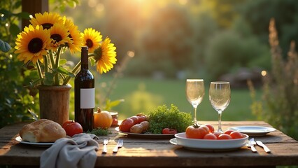   A picturesque farm-to-table dinner scene with organic wine, fresh vegetables and herbs, a vase of sunflowers, and soft sunset lighting., ultra detailed, 8k resolution, HDR, professional