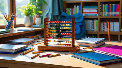 Colorful school desk with an abacus, books, stationery, and educational supplies arranged in a bright classroom
