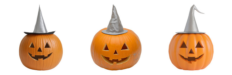 Whimsical Halloween Pumpkins with Pointed Hats Isolated on transparent background