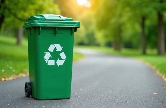 green trash can with a recycling sign on, green park and trees in the background