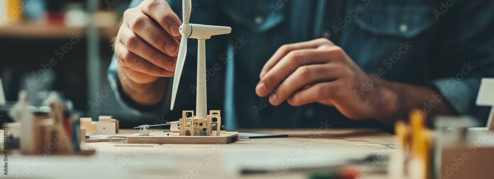 Poster close up of hands assembling wind turbine model on wooden table