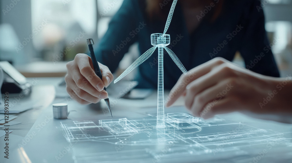 Poster close up of hands designing wind turbine prototype on blueprint