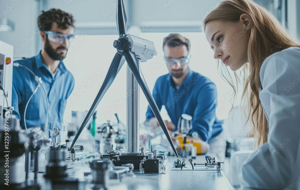 Aufkleber Engineers testing wind turbine model in laboratory with focus and collaboration