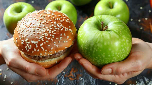 Balancing choices  a handful of fresh apple vsa handful of processed hamburger for healthy living