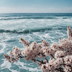 A springtime ocean with soft pastel blue waves and blooming cherry blossoms floating, set on white.
