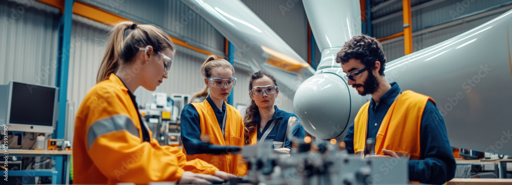 Aufkleber team of engineers collaborating on wind turbine technology in modern workshop