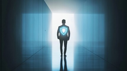 Obraz premium businessman walking towards light with security shield