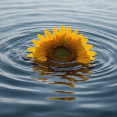A graceful ripple in the water, with one vibrant sunflower floating in its center, isolated on white.