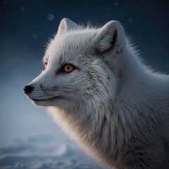 A night-themed Arctic fox with a faint moonlit glow, white backdrop.