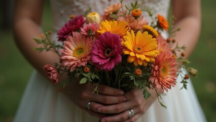   A stunning close-up shot of a bride's hand gracefully holding a vibrant bouquet of colorful wildflowers, with dewdrops sparkling on the delicate petals. The i, ultra detailed, 8k resolution, HD