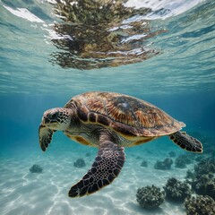 A sea turtle swimming gracefully through a floral-infused ocean, with a clean white backdrop.