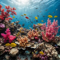 A bright coral reef with marine life nestled among blossoming orchids, set against a white background.