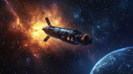 Fototapeta premium Cosmic Voyage: Spaceship Approaching Earth