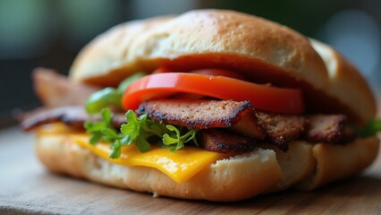   A mouthwatering 8k ultra-high resolution food photo showcasing an exquisitely detailed close-up view of a savory sandwich., ultra detailed, 8k resolution, HDR, professional