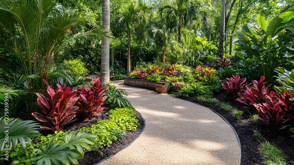 Poster a winding path through a lush garden filled with vibrant plants and flowers, creating a serene and i